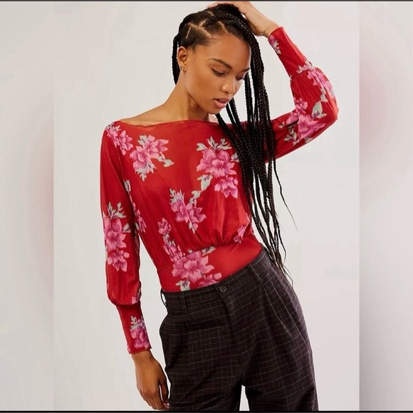 Free People Tops - Free People Womens Size Small Bodysuit Cherry Red Printed Floral lace lined NWT